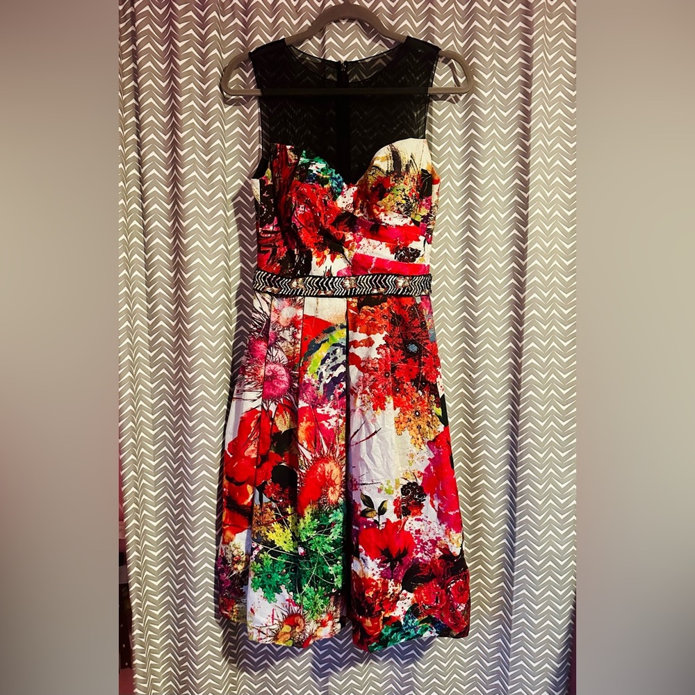 Vintage Rare Ricki Freeman by Teri Jon | Floral Dress with Beaded Belt, Size 6